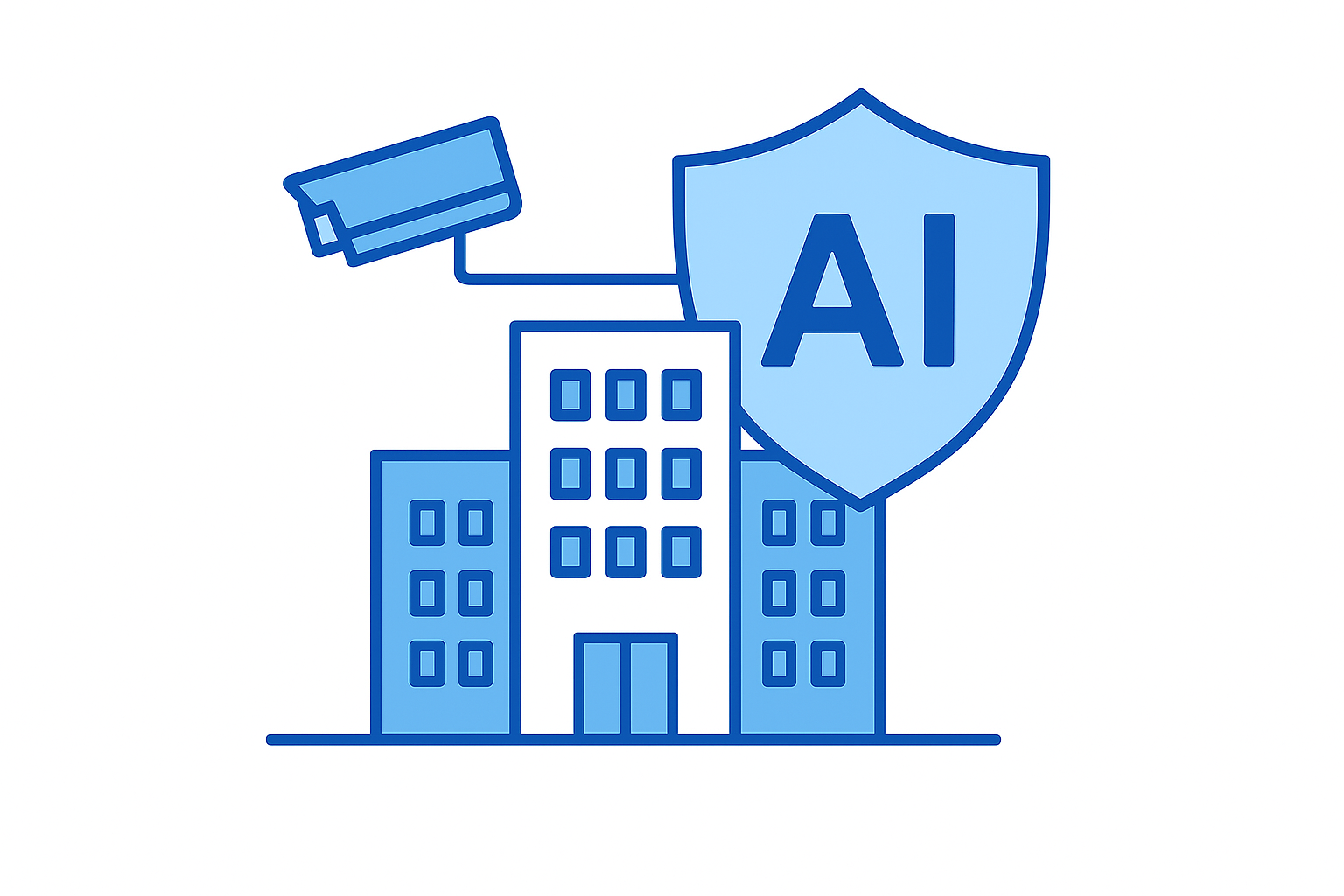 AI-powered commercial security protecting business buildings with surveillance and shield