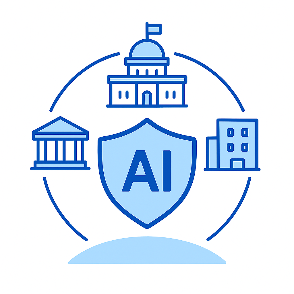 AI-powered government security protecting capitol, courthouse, and office buildings with comprehensive shield protection